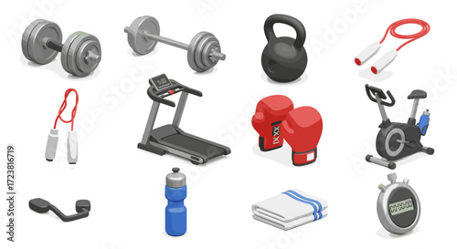Isometric view of gym equipment including weights and cardio machines