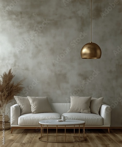 Modern Living Room With Neutral Tones and Golden Lighting in a Cozy Home Setting