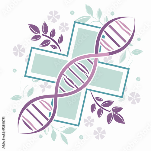 Dna helix with medical cross and floral elements