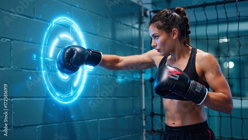 Focused female boxer trains with a futuristic holographic target in a dimly lit gym environment, showcasing athletic prowess.