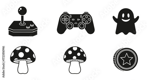Illustration of a joystick controller ghost mushrooms and a coin in black