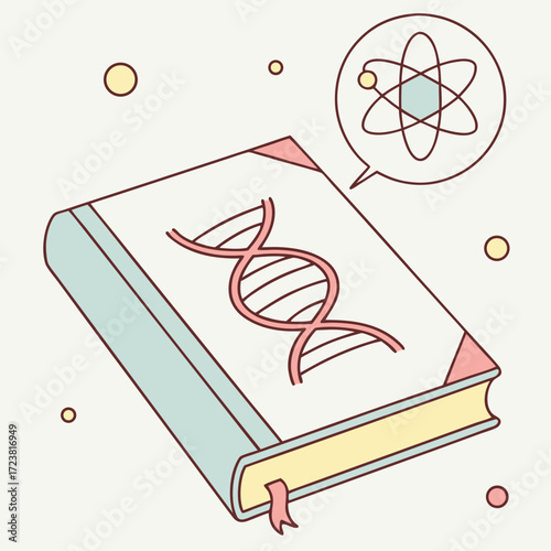 Colorful science textbook with dna and atom symbols