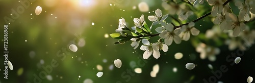 Blossoming Cherry Tree Branch Surrounded by Drifting Petals in Springtime Light.