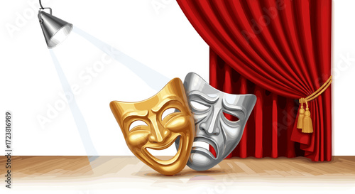 Two theatrical masks under a spotlight with red curtains in the background