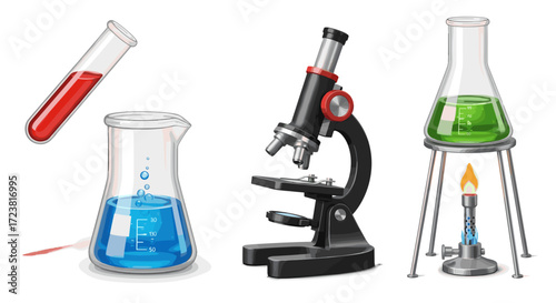 Illustration of scientific lab equipment including test tubes and microscope