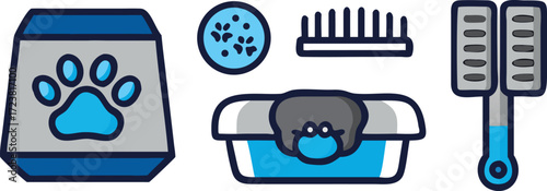 Pet care, cat and dog grooming, and feeding supplies vector set.