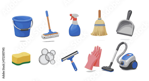 Assortment of cleaning supplies and tools displayed on a white surface