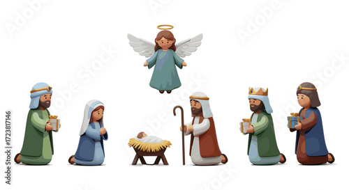 Nativity scene with baby jesus mary joseph angel and three wise men set
