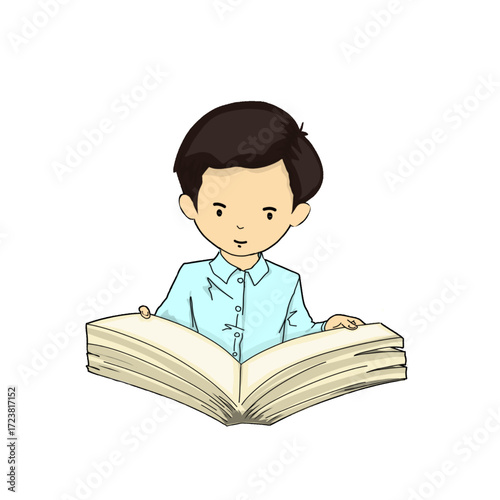 little boy reading a book without background