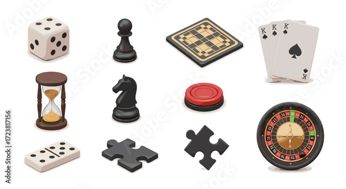 Isometric view of various game elements including chess dice and cards