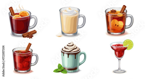 Illustration of six different festive drinks in mugs and a cocktail glass