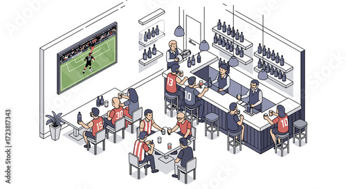 Isometric view of people watching soccer game at bar with bartenders serving