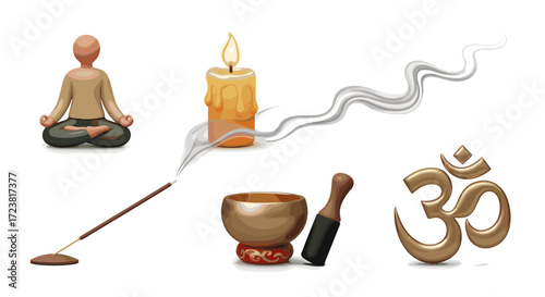 Illustration of meditation scene with candle incense and om symbol art