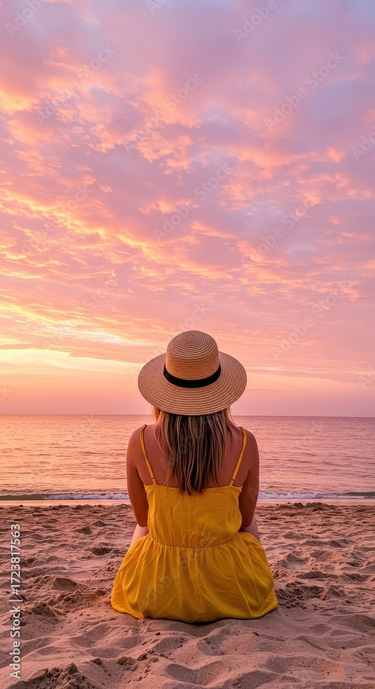 Fototapeta premium A serene woman in a yellow dress sits on a beach, contemplating the beautiful, pastel sunset hues.