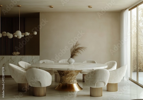 Elegant Dining Room With Marble Table and Modern Decor in Warm Neutral Tones.