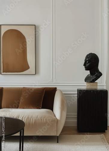Elegant Interior Design Featuring a Sculpture and a Cozy Sofa in a Minimalist...