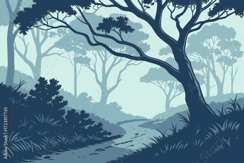 Enchanting forest scene with winding path, perfect for nature lovers and serene backgrounds, originally a scalable vector graphic, now a PNG
