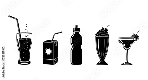 Illustration of various drinks including juice soda and a milkshake drink