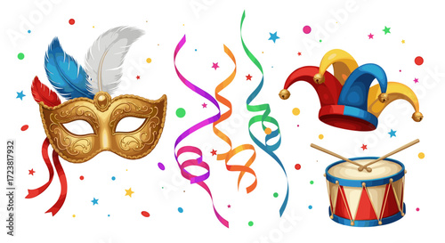 Illustration of a carnival mask, streamers, jester hat and a drum set