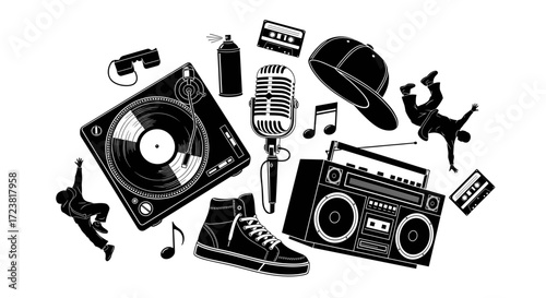 Illustration of hip hop elements including music and breakdancing theme