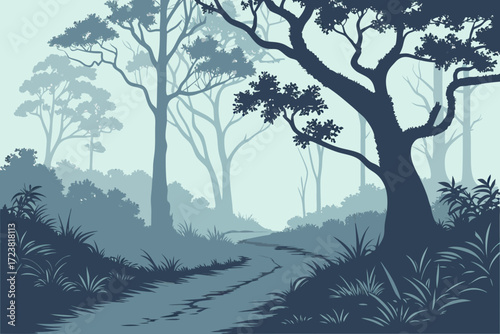 Enchanting forest path illustration with ethereal trees, perfect for fantasy novels, nature blogs, or tranquil nature scenery projects. Vector art beauty