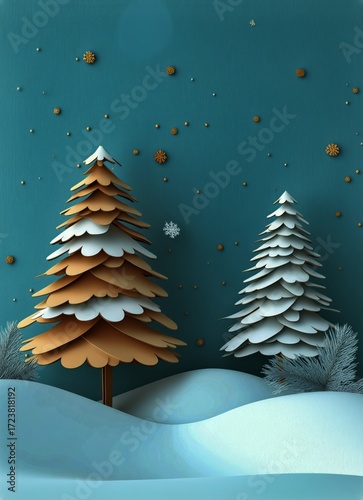 Winter Landscape With Paper Trees and Snow on a Blue Background in a Creative...