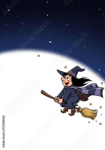 Cheerful cartoon witch flies on broomstick across starry night sky, wearing pointed hat and scarf. background features bright moon and twinkling stars, creating whimsical atmosphere