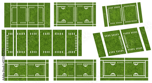 A collection of american football field layouts with green grass texture