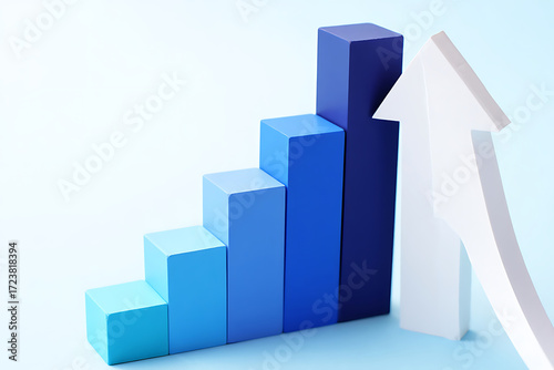 A rising bar graph made of blue blocks with a white arrow indicating growth