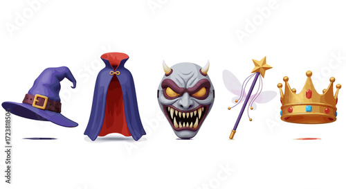Illustration of witch hat, cape, devil mask, wand, and golden crown items