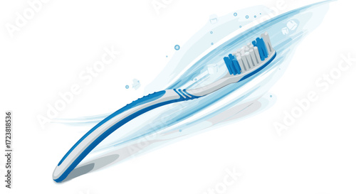 Close up of a blue and white toothbrush with a water splash effect around