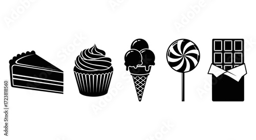 Illustration of cake slice, cupcake, ice cream, lollipop and chocolate bar