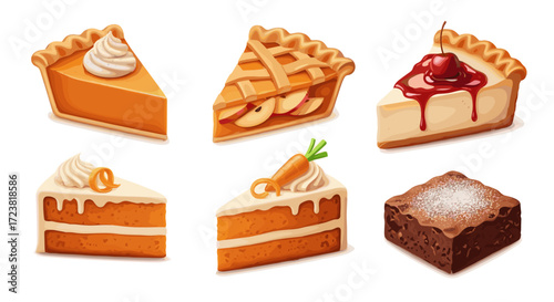 Illustration of six slices of different kinds of pies and cake treats