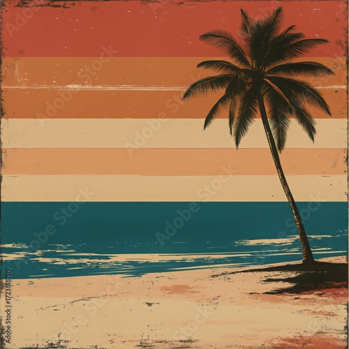 Vibrant Sunset Over a Calm Beach With a Lone Palm Tree