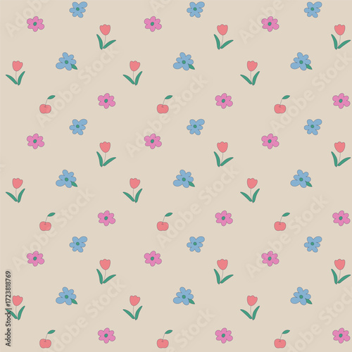 Cute ditsy spring floral seamless pattern. Simple hand-drawn field flowers with tulips and daisies on a beige background for nursery decor, kids' fabric, and apparel.
