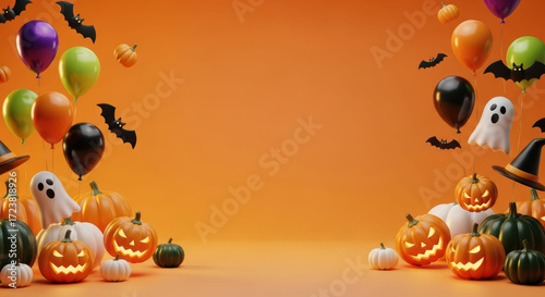 Festive Halloween scene with pumpkins, balloons, and bats against orange background. Ghost and witch hat decorations add playful touch to spooky atmosphere