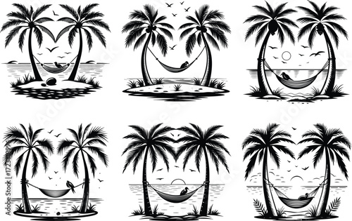 Tropical beach scene with palm trees and hammocks in a distressed artistic style