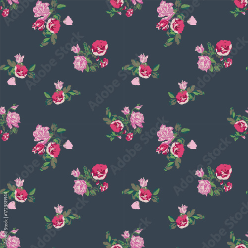Vintage painterly rose seamless pattern. Romantic floral bouquets with pink peonies on a dark background for elegant fabric, wedding decor, and sophisticated textiles.