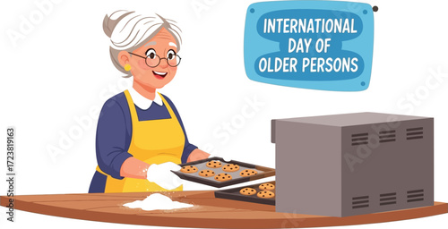 Vector illustration of grandmother baking cookies for International Day of Older Persons