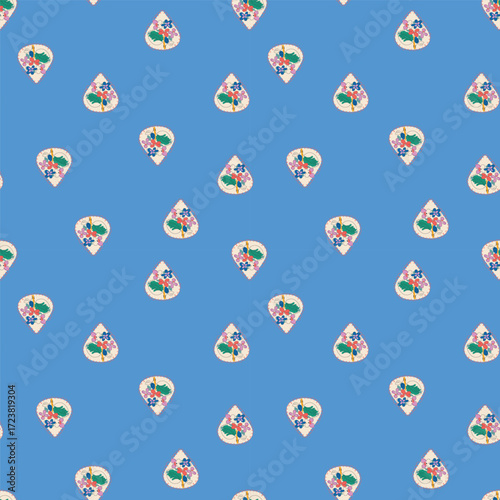 Cute ditsy seamless pattern with floral teardrops. Simple spring flower bouquets inside water or rain drops on a blue background for fabric and wallpaper.