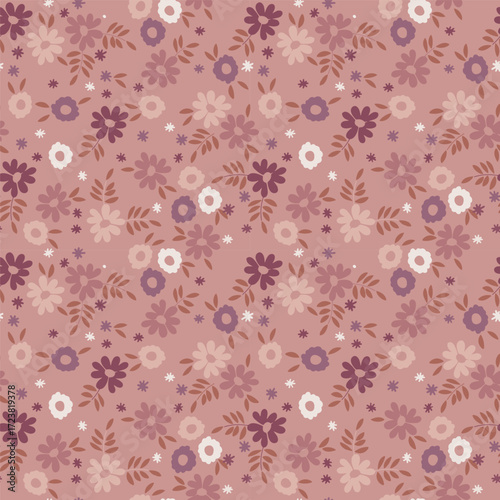 Vintage ditsy floral seamless pattern. Cute calico print with tiny flowers and leaves on a dusty pink background for romantic fabric, quilting, and cottagecore decor.