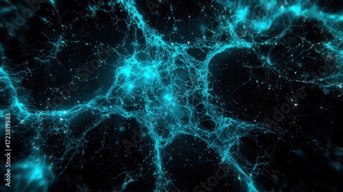An abstract digital representation of neural connections resembling brain networks with glowing blue nodes interconnecte