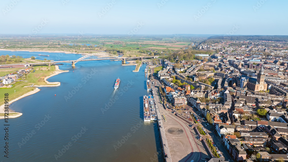 Fototapeta premium Aerial from the historical city Nijmegen at the river Waal in the Netherlands