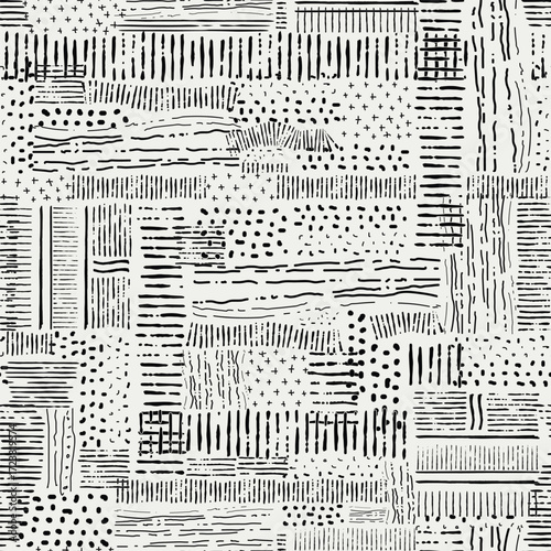 Abstract hand-drawn seamless pattern. Modern minimalist patchwork of organic lines, dots, and textures in monochrome black and white for contemporary fabric and home decor.