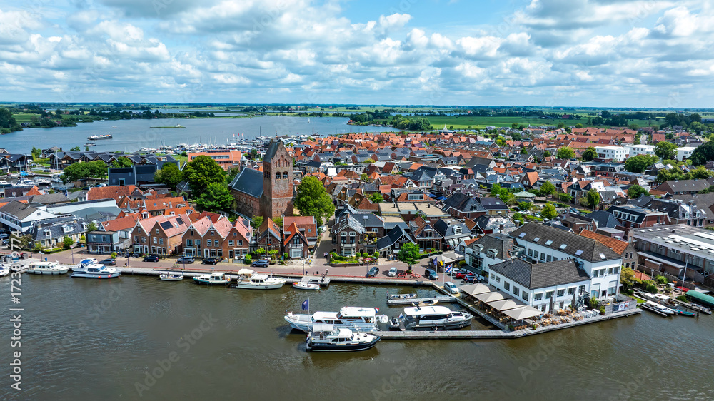 Fototapeta premium Aerial from the touristic watersport town Grou in Friesland the Netherlands