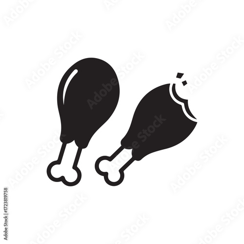Two Chicken Drumsticks, One Bitten, Black Silhouette Icon