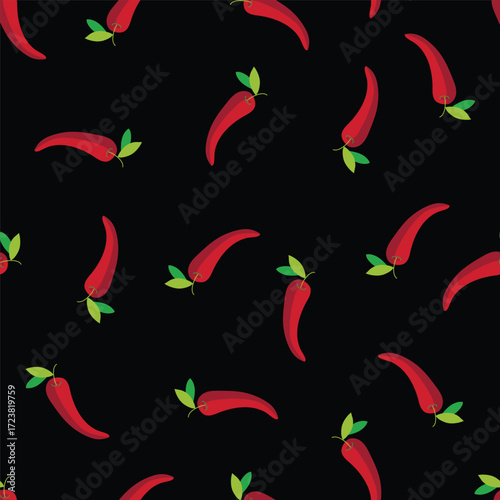 Spicy red chili pepper seamless pattern. Vibrant hot food background for Mexican cuisine, restaurant decor, and bold fabric prints on a black backdrop.