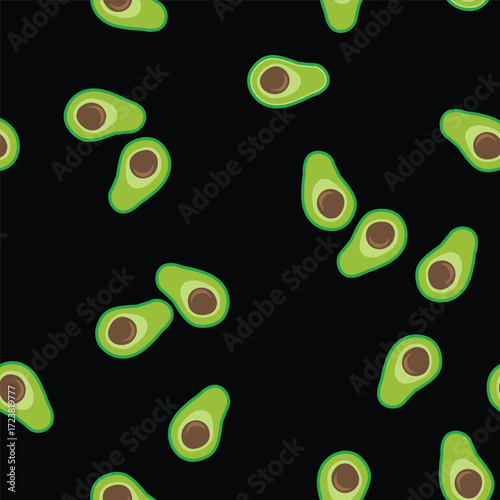 Trendy avocado seamless pattern. Simple graphic food background with green halved avocados for vegan, keto, and healthy eating themes on a black backdrop for kitchen textiles.