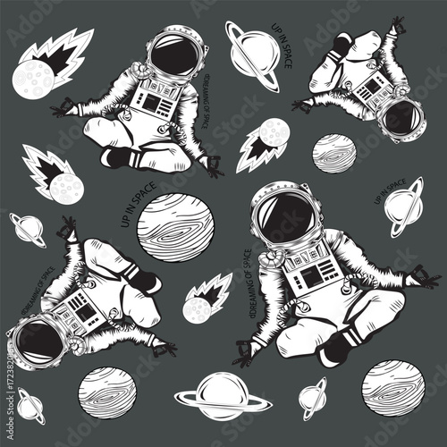 Zen astronaut meditating in space seamless pattern. Vector illustration of a spaceman in a yoga lotus pose among planets and meteors for a spiritual sci-fi t-shirt print.