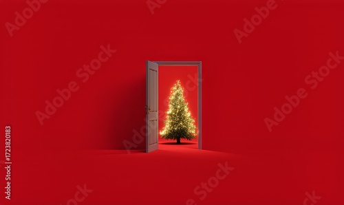 Warm Red Glow Surrounds a Christmas Tree Visible Through an Open Door in a Si...